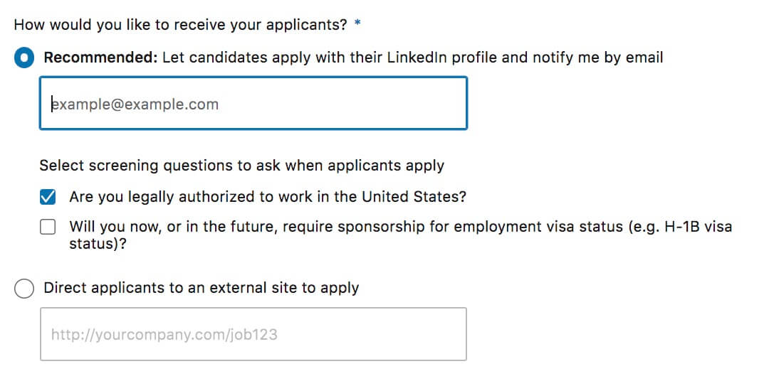How to post a job on Linkedin - choose job application/hiring channel