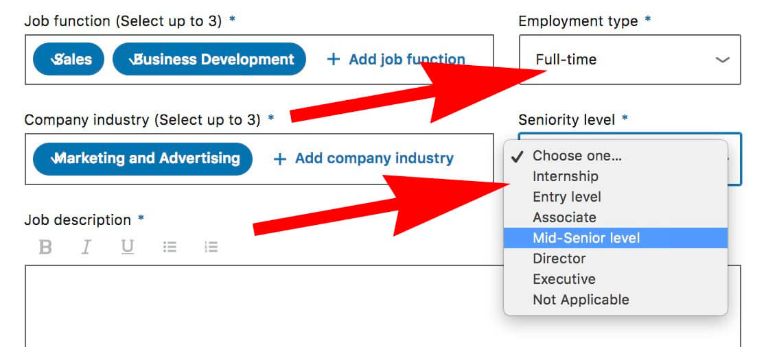 How to post a job on Linkedin - choose employment type and seniority level