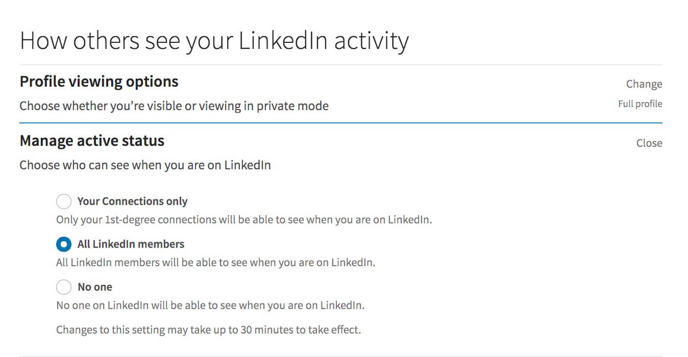 Linkedin - active status -green dot - settings