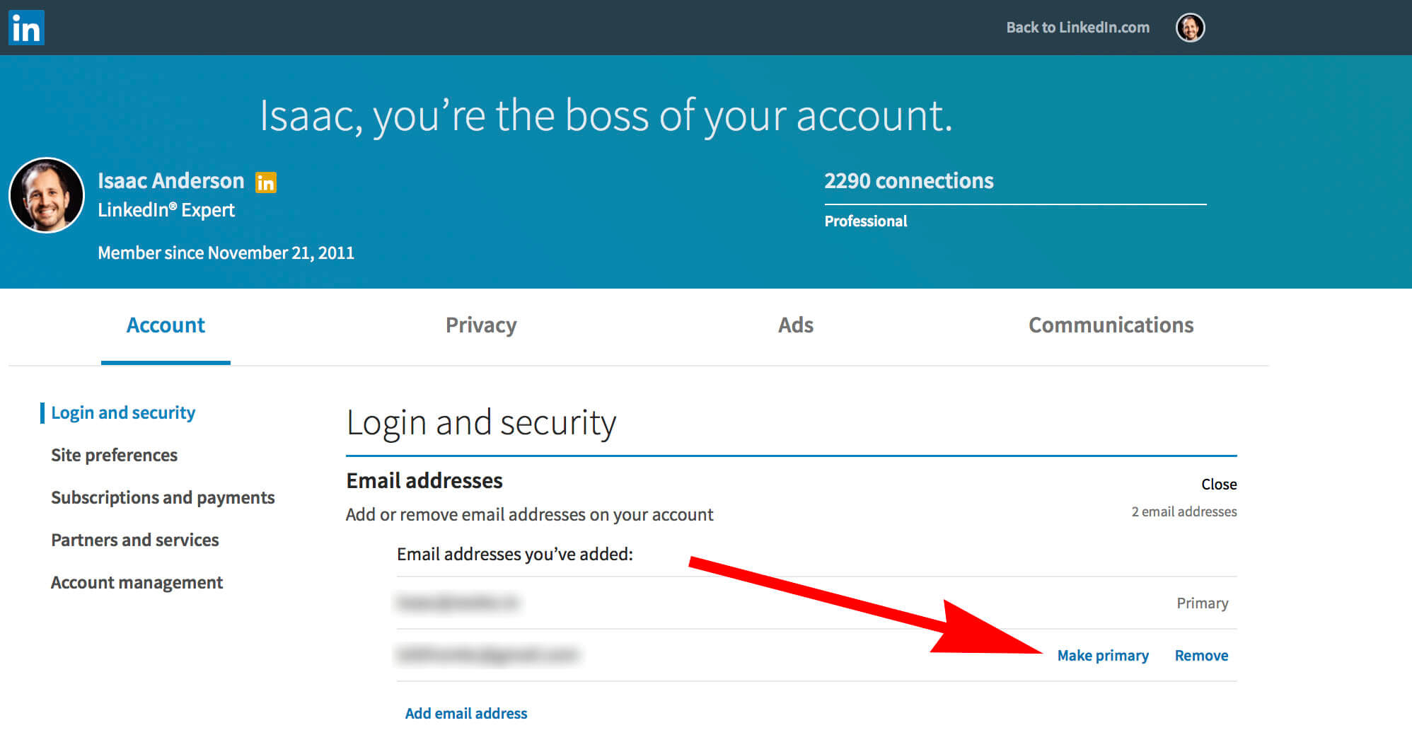 How to change your email on Linkedin - setting primary email