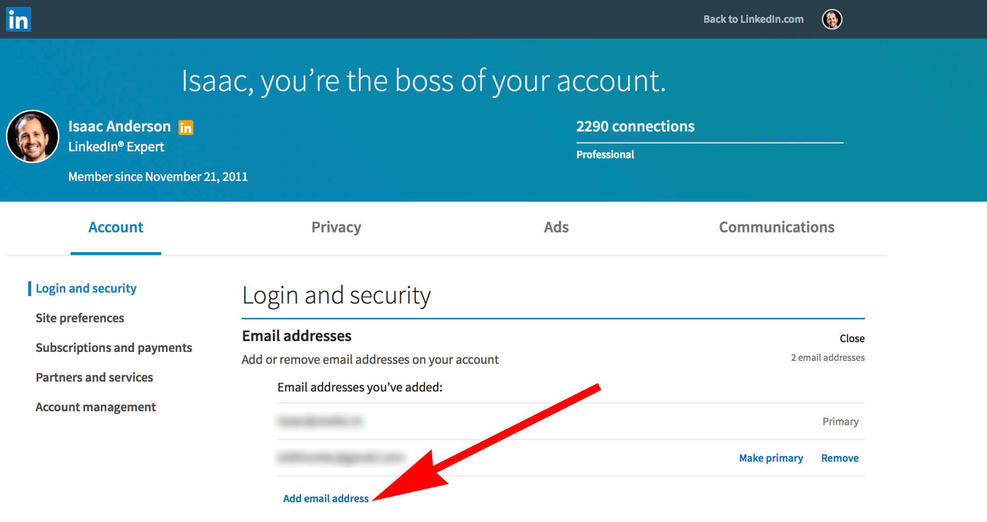 How to change your email on Linkedin - adding new email location