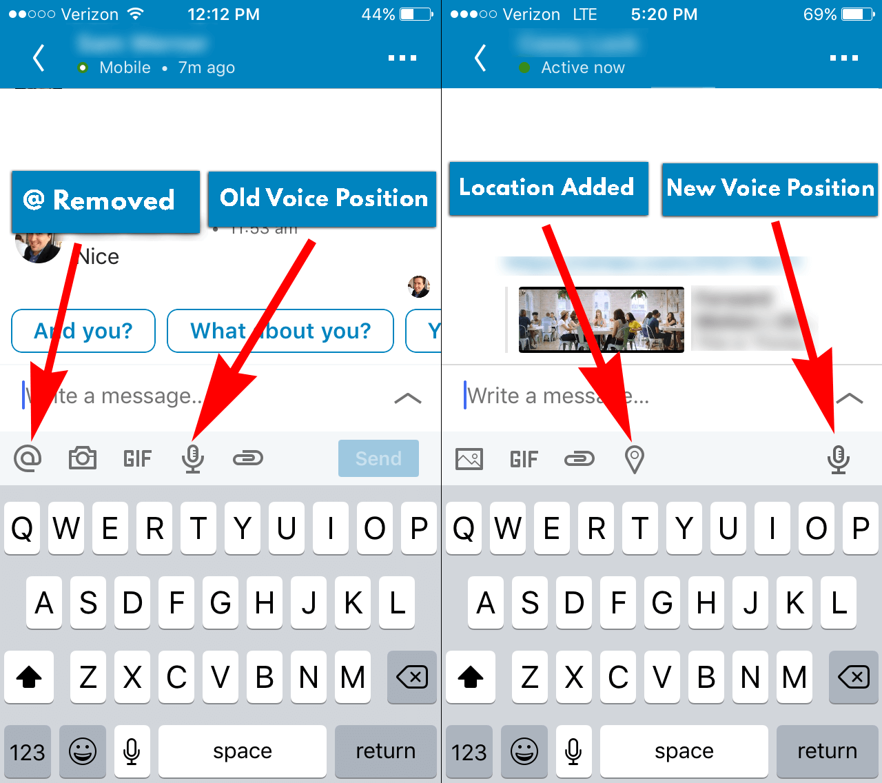 Linkedin location sharing - new features - Before and After
