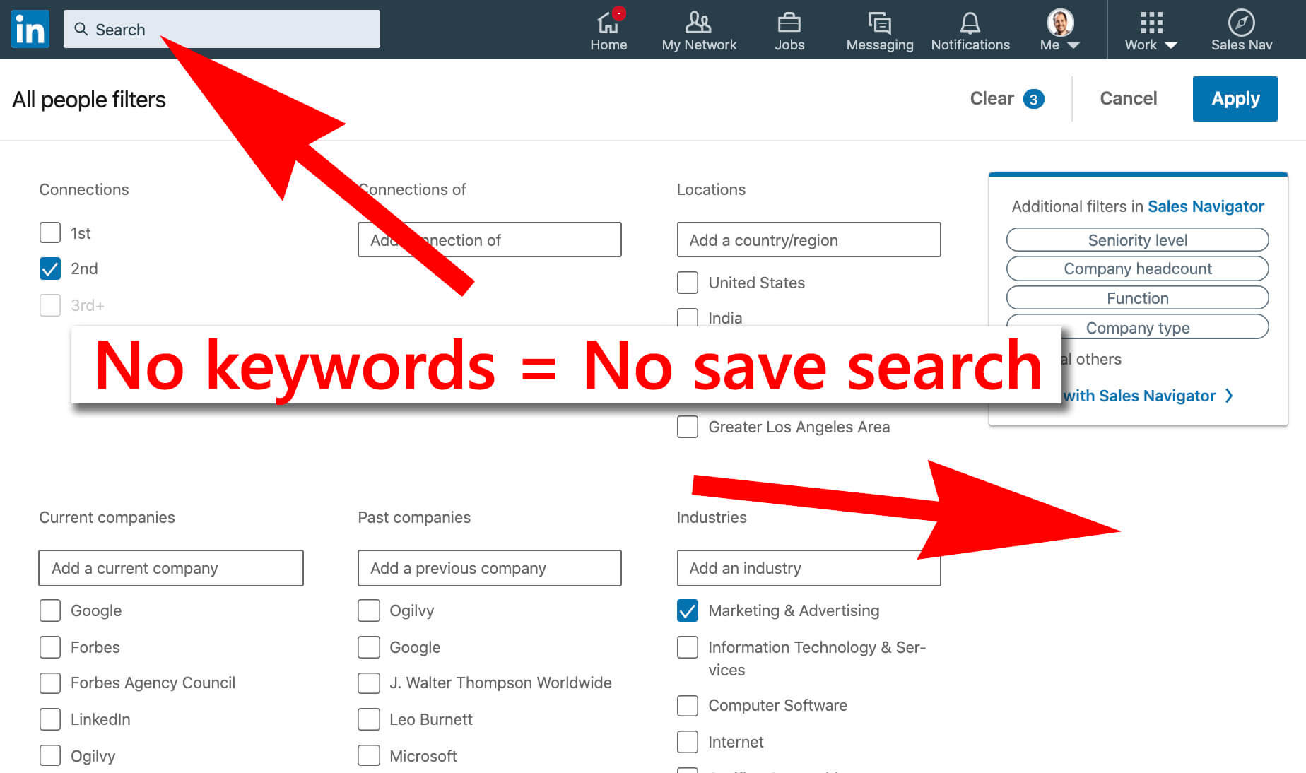 Linkedin How To Save Searches On A Free Linkedin Account - no keywords means no saved search