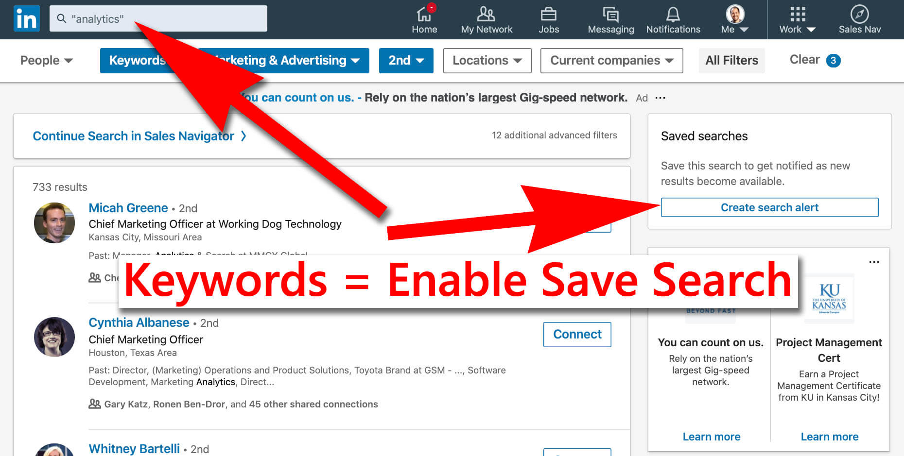 Linkedin How To Save Searches On A Free Linkedin Account - save search appears after adding keywords