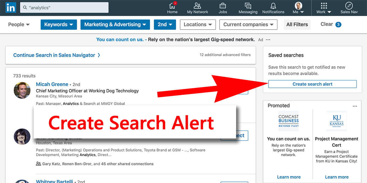 Linkedin create search alert