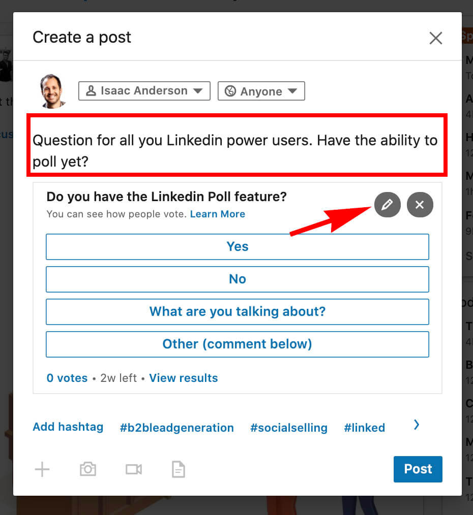 How to create a Linkedin poll and use it for sales - addnig poll post content